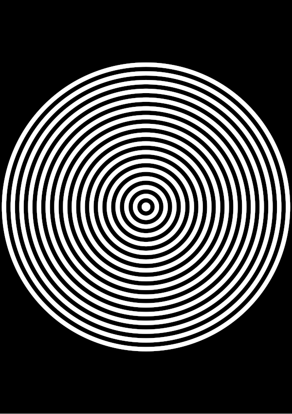 High-contrast bullseye card for a baby of about 4–6 months — white on black, thinnest feature 3.1 mm.