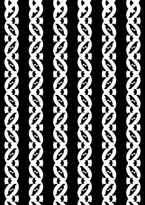 High-contrast cable card (three-strand) for a baby of about 4–6 months — white on black, thinnest feature 5.2 mm.