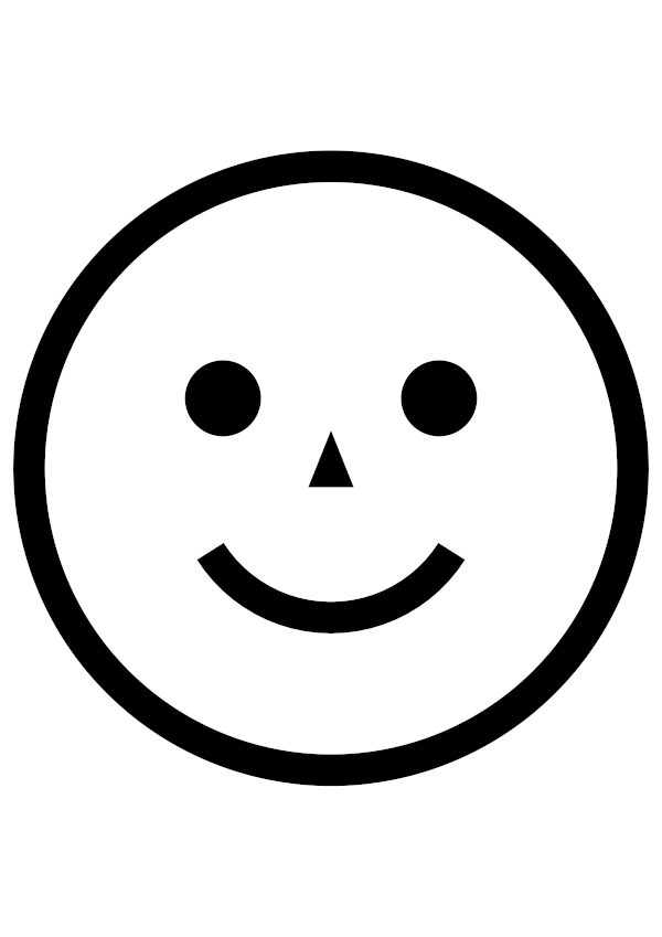 High-contrast schematic face card (eyes, smile and nose) for a baby of about 4–6 months — black on white, thinnest feature 10.1 mm.