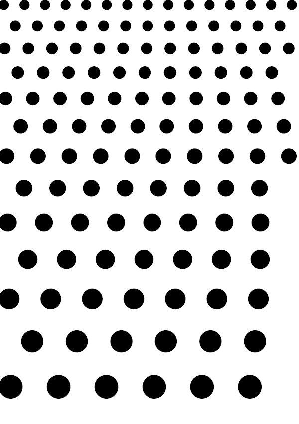 High-contrast dot gradient card for a baby of about 4–6 months — black on white, thinnest feature 7.2 mm.