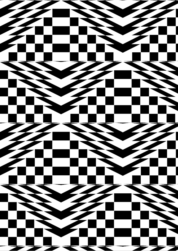 High-contrast kilim card (stepped) for a baby of about 4–6 months — black on white, thinnest feature 7.3 mm.