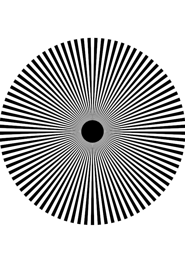 High-contrast sunburst card for a baby of about 4–6 months — black on white, thinnest feature 3.9 mm.