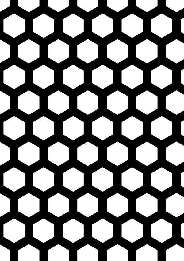 High-contrast trellis card (hex) for a baby of about 4–6 months — black on white, thinnest feature 4.9 mm.