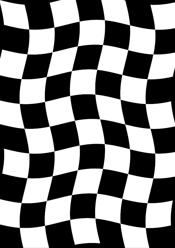 High-contrast checkerboard card (wavy) for a baby of about 2–3 months — white on black, thinnest feature 22.2 mm.