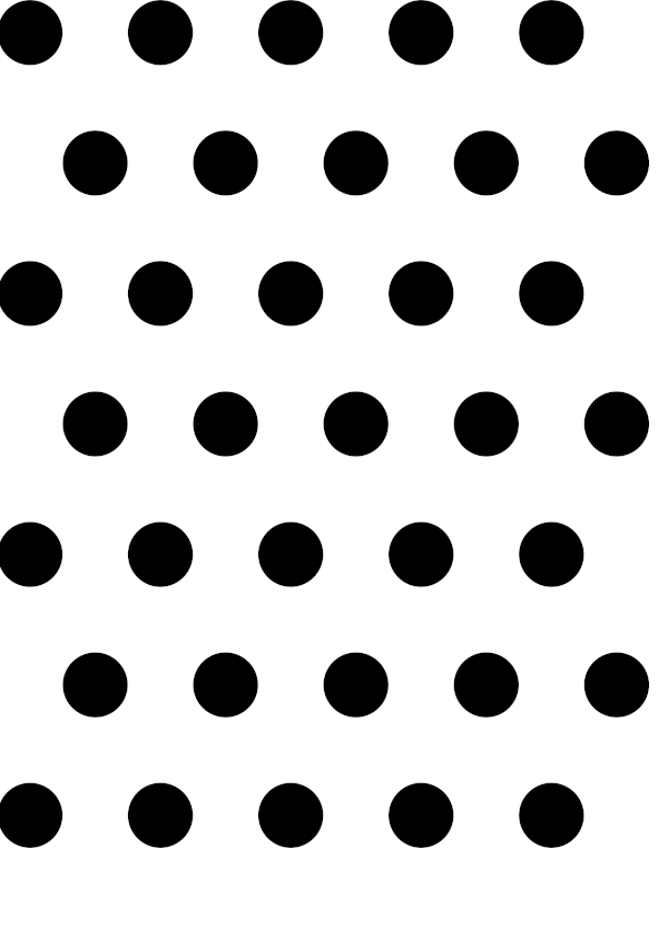 High-contrast dots card for a baby of about 2–3 months — black on white, thinnest feature 20.5 mm.