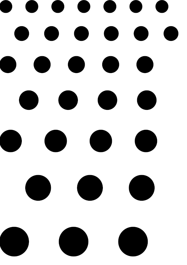 High-contrast dot gradient card for a baby of about 2–3 months — black on white, thinnest feature 14.6 mm.