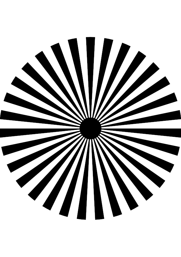 High-contrast sunburst card for a baby of about 2–3 months — black on white, thinnest feature 10.7 mm.