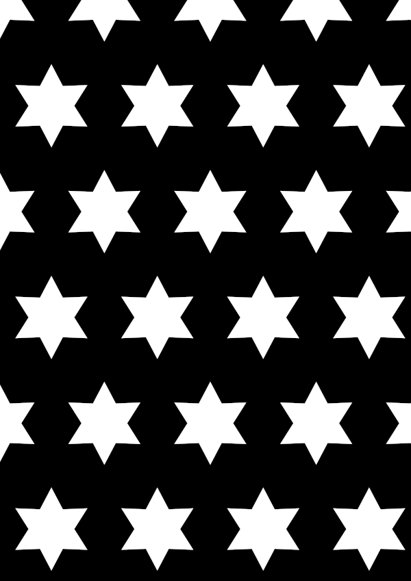 High-contrast stars card (six-point) for a baby of about 2–3 months — white on black, thinnest feature 11.7 mm.