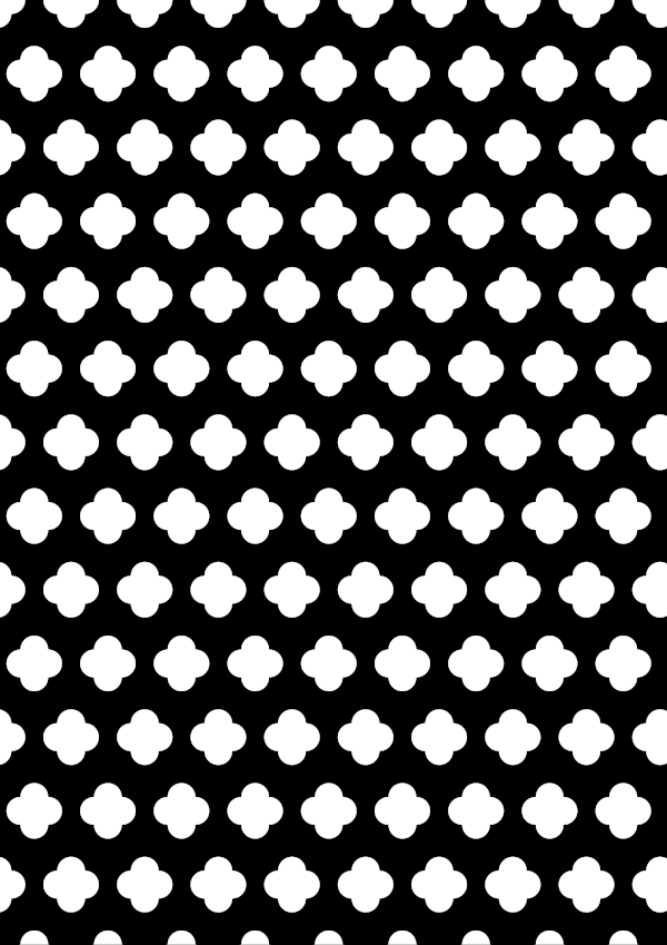 High-contrast trellis card (quatrefoil) for a baby of about 2–3 months — white on black, thinnest feature 8.7 mm.
