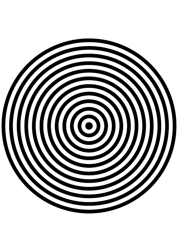 High-contrast bullseye card for a baby of about 3–4 months — black on white, thinnest feature 4.5 mm.