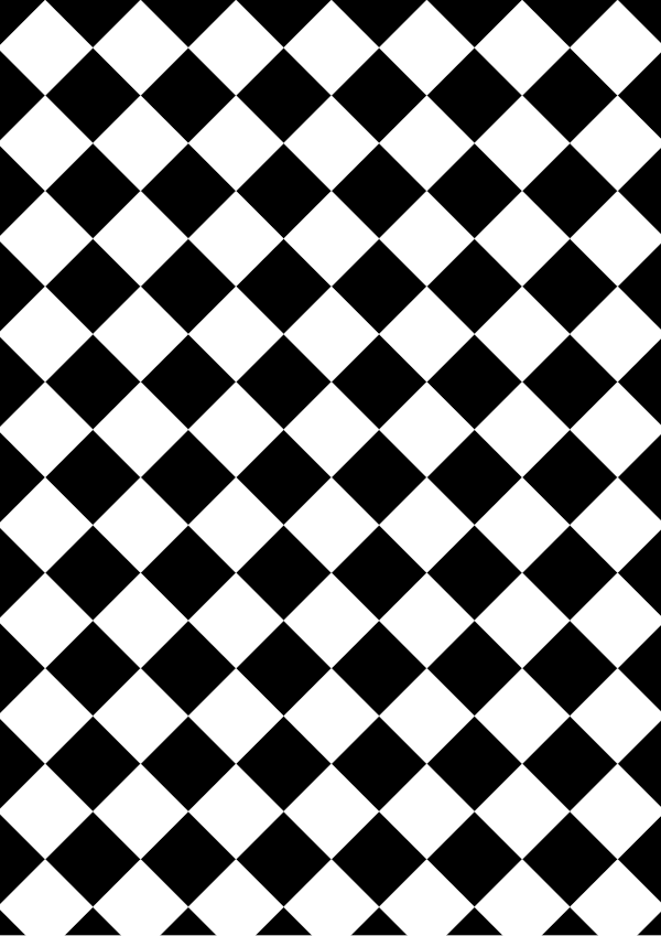 High-contrast checkerboard card (diamond) for a baby of about 3–4 months — black on white, thinnest feature 21.4 mm.