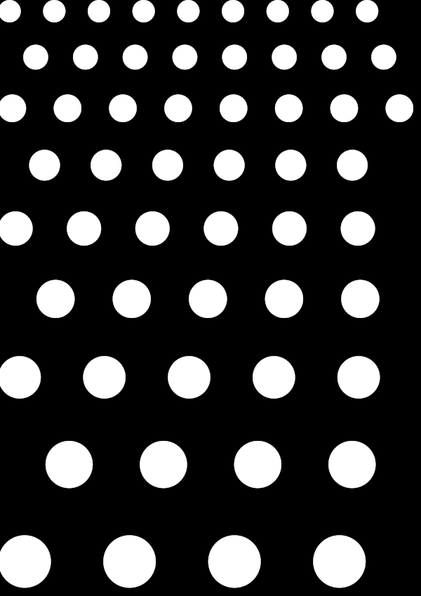 High-contrast dot gradient card for a baby of about 3–4 months — white on black, thinnest feature 11.1 mm.
