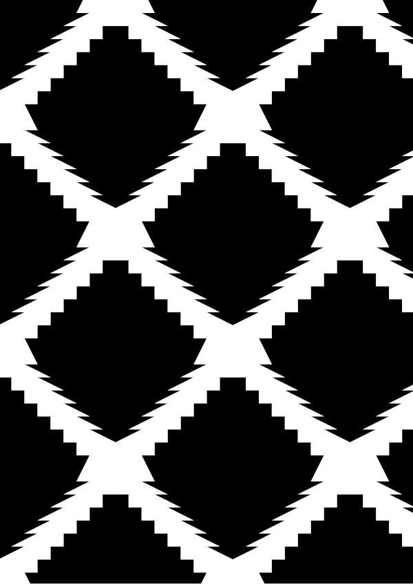 High-contrast ikat card (fine) for a baby of about 3–4 months — black on white, thinnest feature 6.6 mm.