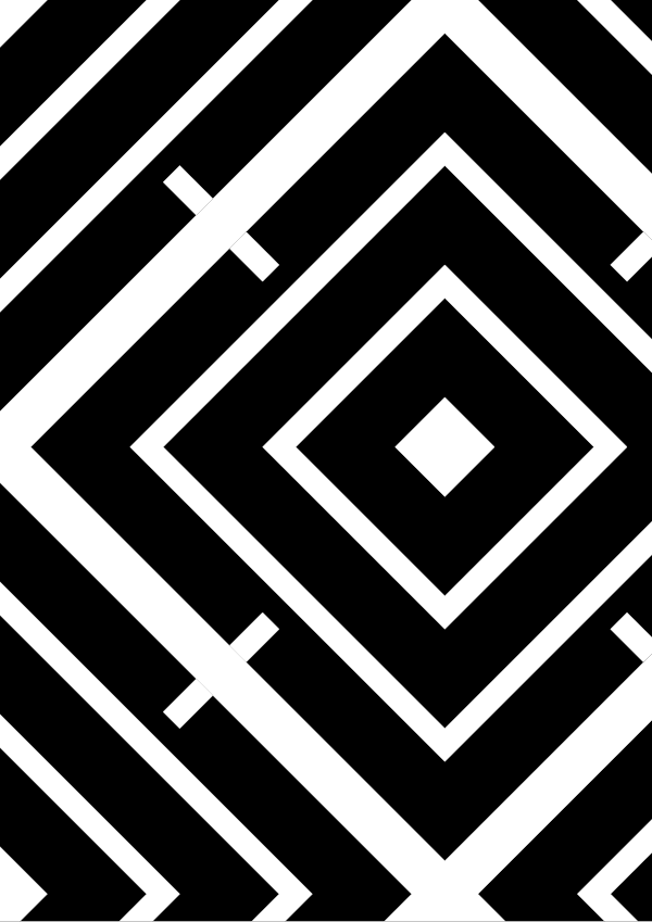 High-contrast kilim card (hooked) for a baby of about 3–4 months — white on black, thinnest feature 7.5 mm.