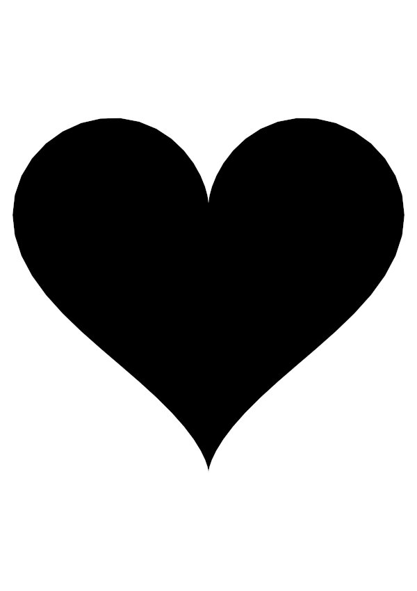 High-contrast single shape card (heart) for a baby of about 3–4 months — black on white, thinnest feature 105.0 mm.