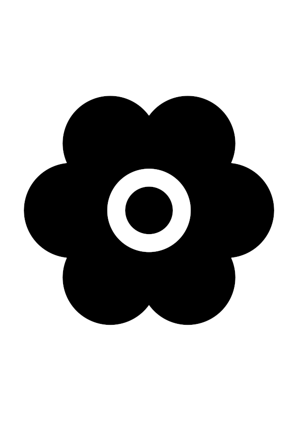 High-contrast object silhouette card (flower) for a baby of about 3–4 months — black on white, thinnest feature 67.2 mm.