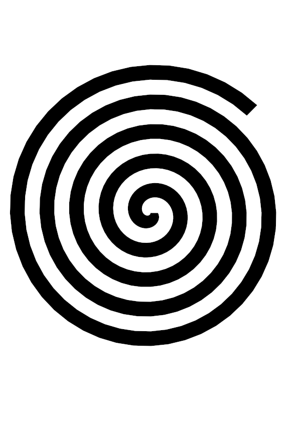 High-contrast spiral card for a baby of about 3–4 months — black on white, thinnest feature 10.3 mm.