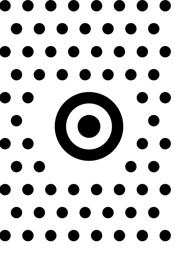 High-contrast target field card for a baby of about 3–4 months — black on white, thinnest feature 13.5 mm.