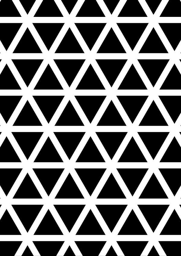 High-contrast trellis card (triangle) for a baby of about 3–4 months — white on black, thinnest feature 7.0 mm.