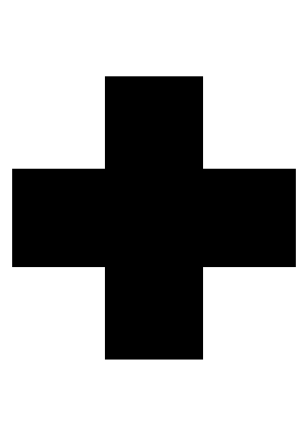 High-contrast single shape card (cross) for a newborn — black on white, thinnest feature 67.2 mm.