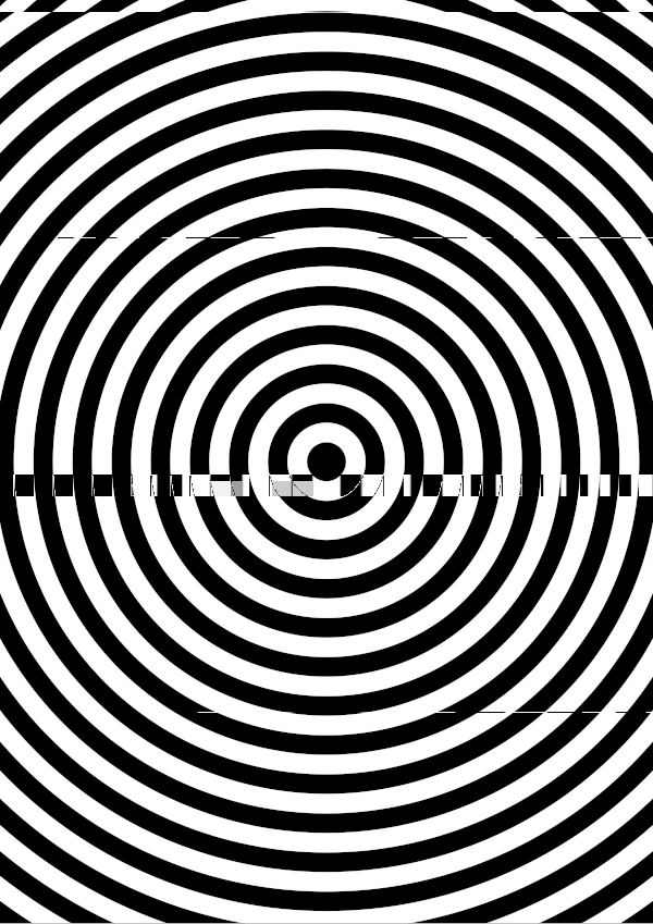 High-contrast bullseye card for a baby of about 4–6 months to look at from 120 cm — black on white, thinnest feature 6.3 mm.