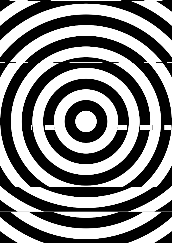 High-contrast bullseye card for a baby of about 4–6 months to look at from 250 cm — white on black, thinnest feature 13.1 mm.
