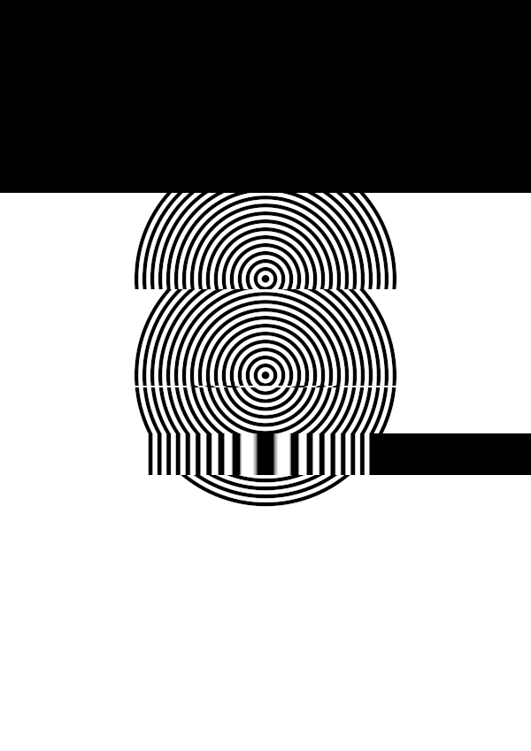 High-contrast bullseye card for a baby of about 4–6 months to look at from 30 cm — black on white, thinnest feature 1.6 mm.