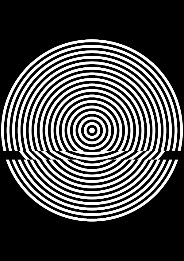 High-contrast bullseye card for a baby of about 4–6 months to look at from 60 cm — white on black, thinnest feature 3.1 mm.