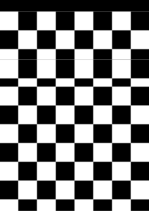 High-contrast checkerboard card for a baby of about 4–6 months to look at from 120 cm — black on white, thinnest feature 26.4 mm.