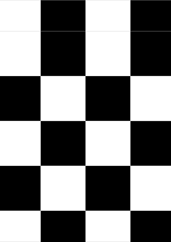 High-contrast checkerboard card for a baby of about 4–6 months to look at from 250 cm — white on black, thinnest feature 55.1 mm.