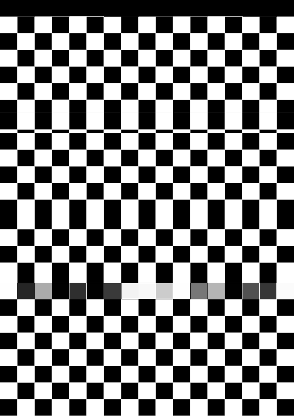High-contrast checkerboard card for a baby of about 4–6 months to look at from 30 cm — black on white, thinnest feature 11.9 mm.