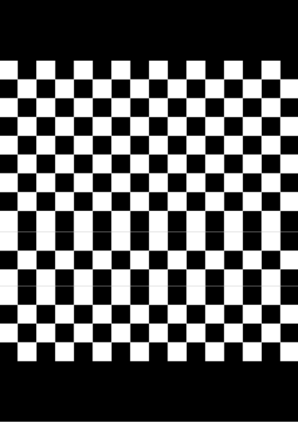 High-contrast checkerboard card for a baby of about 4–6 months to look at from 60 cm — white on black, thinnest feature 13.2 mm.