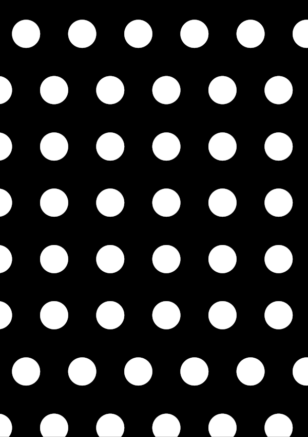 High-contrast dots card for a baby of about 4–6 months to look at from 120 cm — white on black, thinnest feature 19.1 mm.