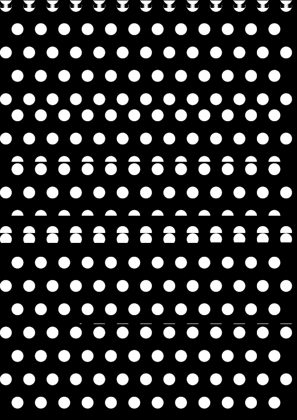 High-contrast dots card for a baby of about 4–6 months to look at from 30 cm — white on black, thinnest feature 8.3 mm.