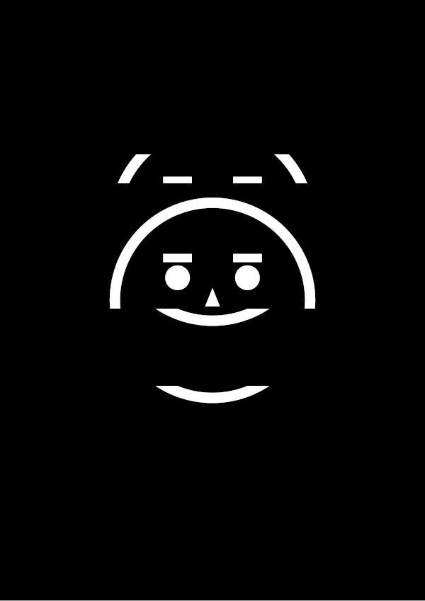 High-contrast schematic face card (eyes, smile, nose and brows) for a baby of about 4–6 months to look at from 30 cm — white on black, thinnest feature 5.1 mm.