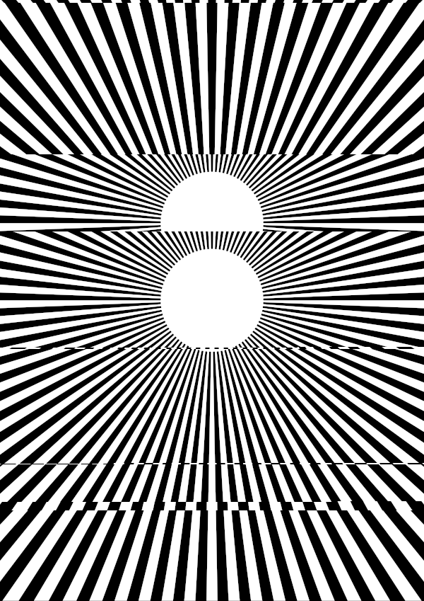 High-contrast sunburst card for a baby of about 4–6 months to look at from 120 cm — white on black, thinnest feature 7.8 mm.