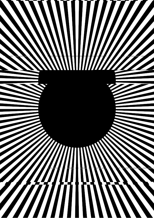 High-contrast sunburst card for a baby of about 4–6 months to look at from 250 cm — black on white, thinnest feature 16.3 mm.