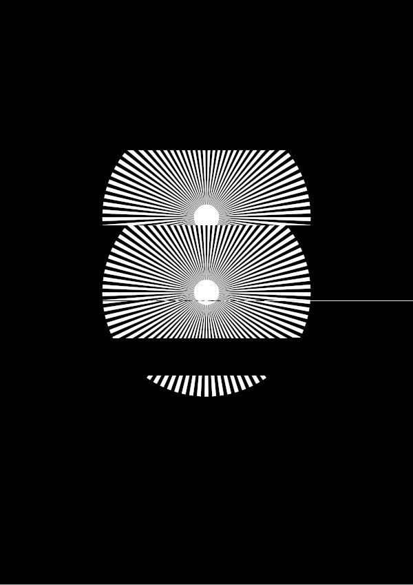 High-contrast sunburst card for a baby of about 4–6 months to look at from 30 cm — white on black, thinnest feature 2.0 mm.