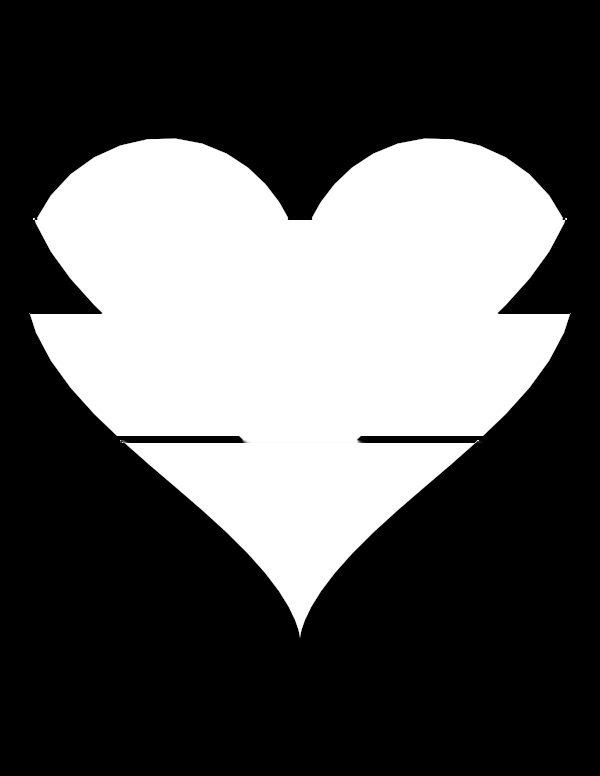 High-contrast single shape card (heart) for a baby of about 4–6 months to look at from 60 cm — white on black, thinnest feature 105.8 mm.