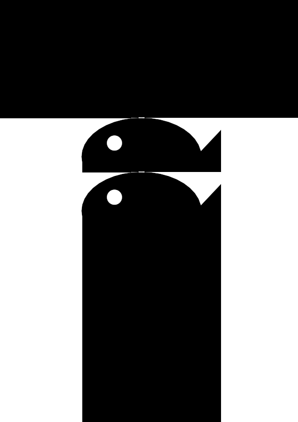 High-contrast object silhouette card (fish) for a baby of about 4–6 months to look at from 30 cm — black on white, thinnest feature 21.2 mm.