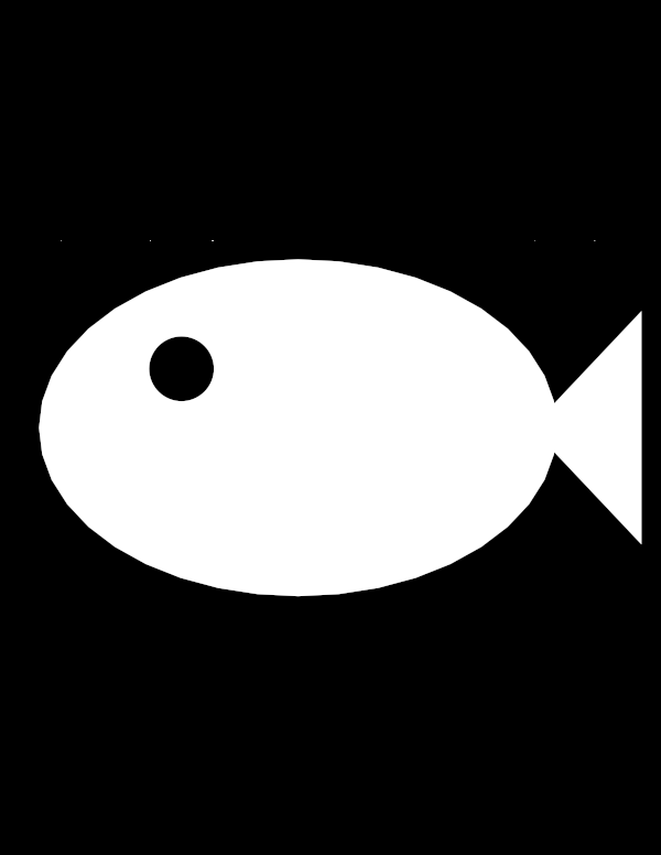 High-contrast object silhouette card (fish) for a baby of about 4–6 months to look at from 60 cm — white on black, thinnest feature 42.3 mm.