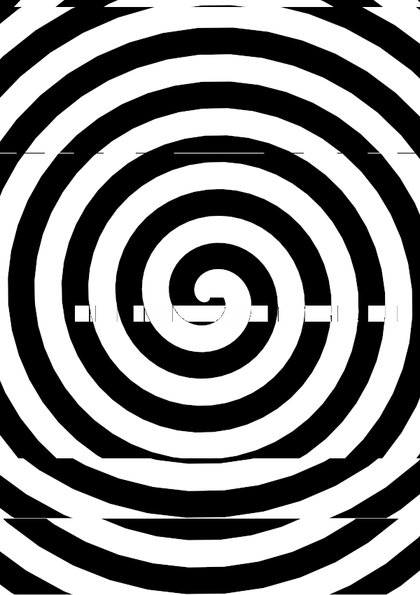 High-contrast spiral card for a baby of about 4–6 months to look at from 120 cm — black on white, thinnest feature 13.5 mm.