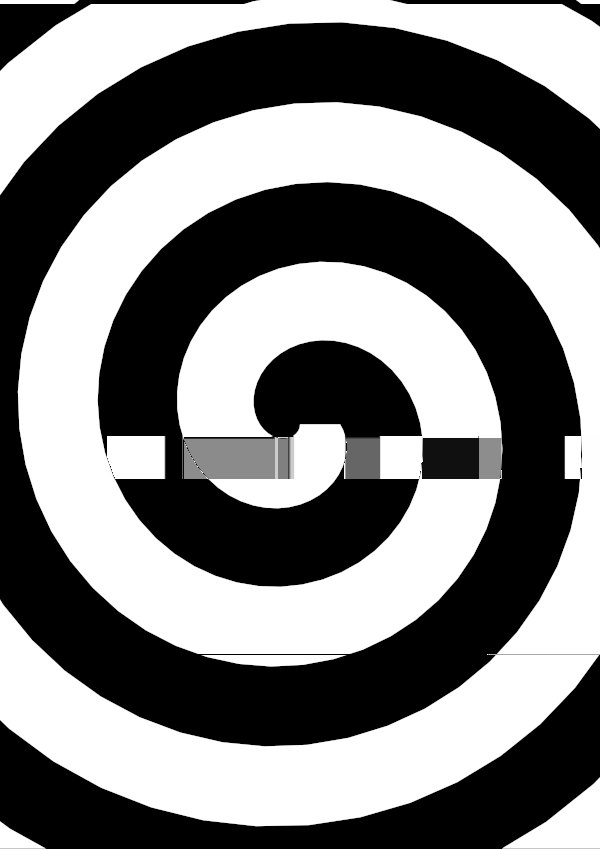 High-contrast spiral card for a baby of about 4–6 months to look at from 250 cm — white on black, thinnest feature 28.1 mm.