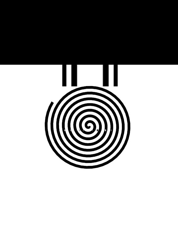 High-contrast spiral card for a baby of about 4–6 months to look at from 30 cm — black on white, thinnest feature 3.4 mm.