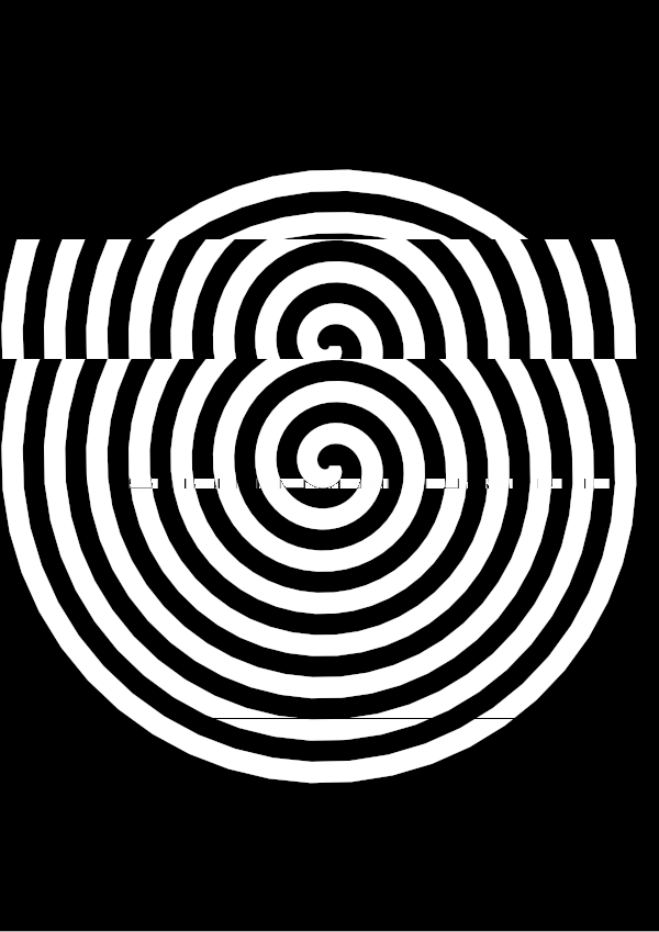High-contrast spiral card for a baby of about 4–6 months to look at from 60 cm — white on black, thinnest feature 6.7 mm.