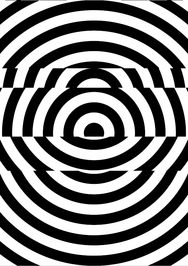 High-contrast bullseye card for a baby of about 2–3 months to look at from 120 cm — black on white, thinnest feature 11.4 mm.