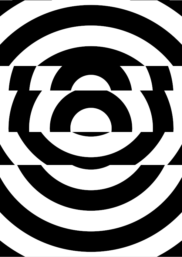 High-contrast bullseye card for a baby of about 2–3 months to look at from 250 cm — white on black, thinnest feature 23.8 mm.