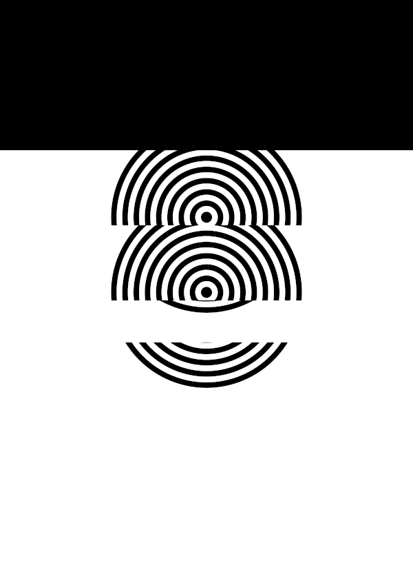 High-contrast bullseye card for a baby of about 2–3 months to look at from 30 cm — black on white, thinnest feature 2.9 mm.