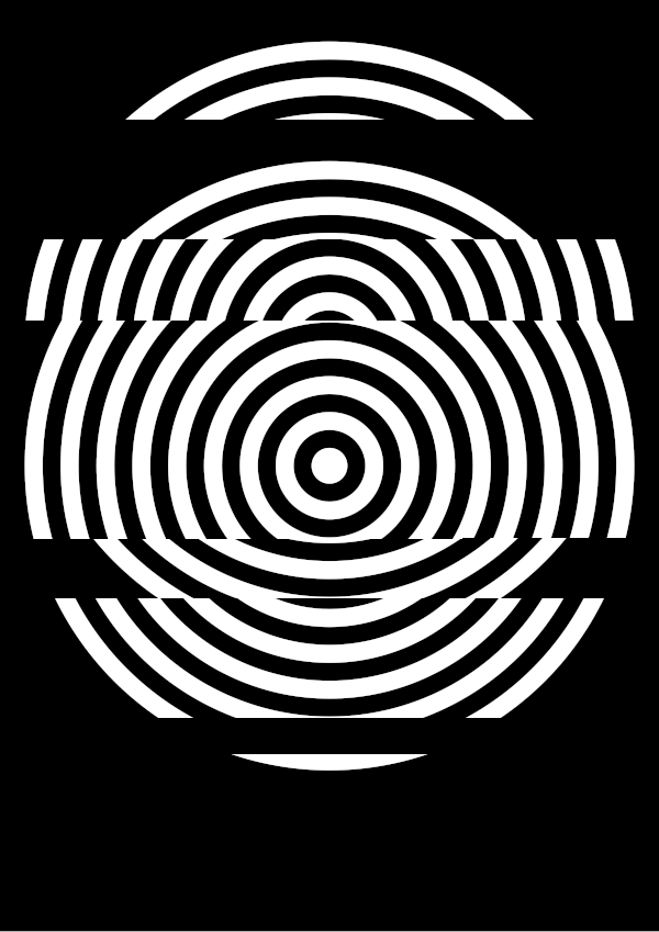 High-contrast bullseye card for a baby of about 2–3 months to look at from 60 cm — white on black, thinnest feature 5.7 mm.