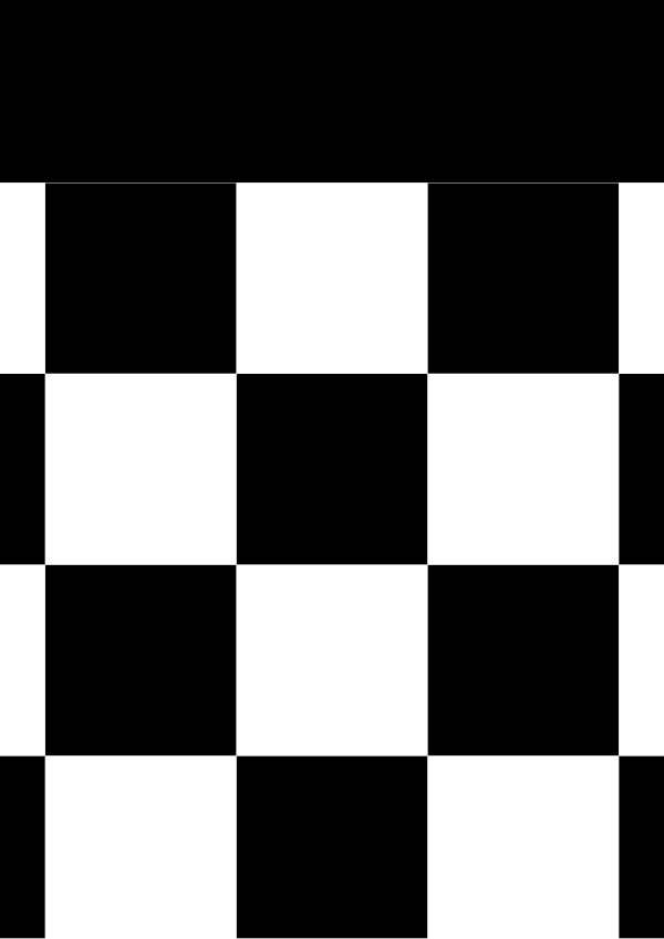 High-contrast checkerboard card for a baby of about 2–3 months to look at from 120 cm — black on white, thinnest feature 60.5 mm.
